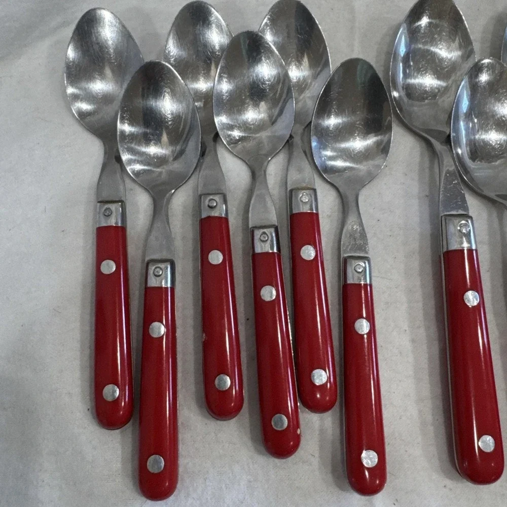 23 Lifetime Paris Splendour Stainless Flatware Spoon Fork Rivets Red Handle VTG